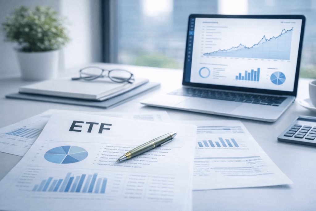Inversión en ETFs con gráficos financieros y estrategia de inversión indexada