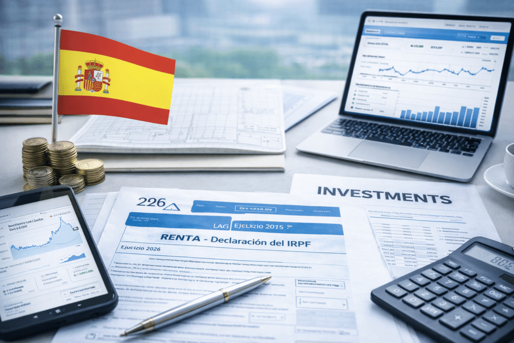 Fiscalidad de inversiones en España con gráficos financieros y normativa tributaria