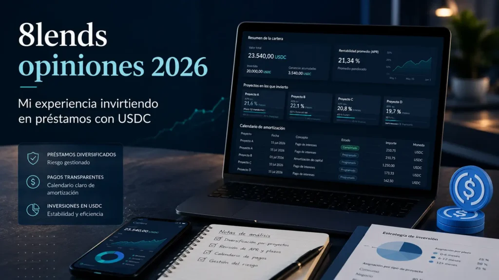 Portada del análisis de 8lends opiniones 2026 con experiencia invirtiendo en préstamos con USDC