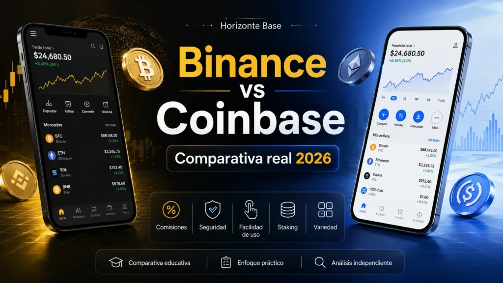 Comparativa visual entre Binance y Coinbase para analizar comisiones, staking, seguridad y facilidad de uso en 2026
