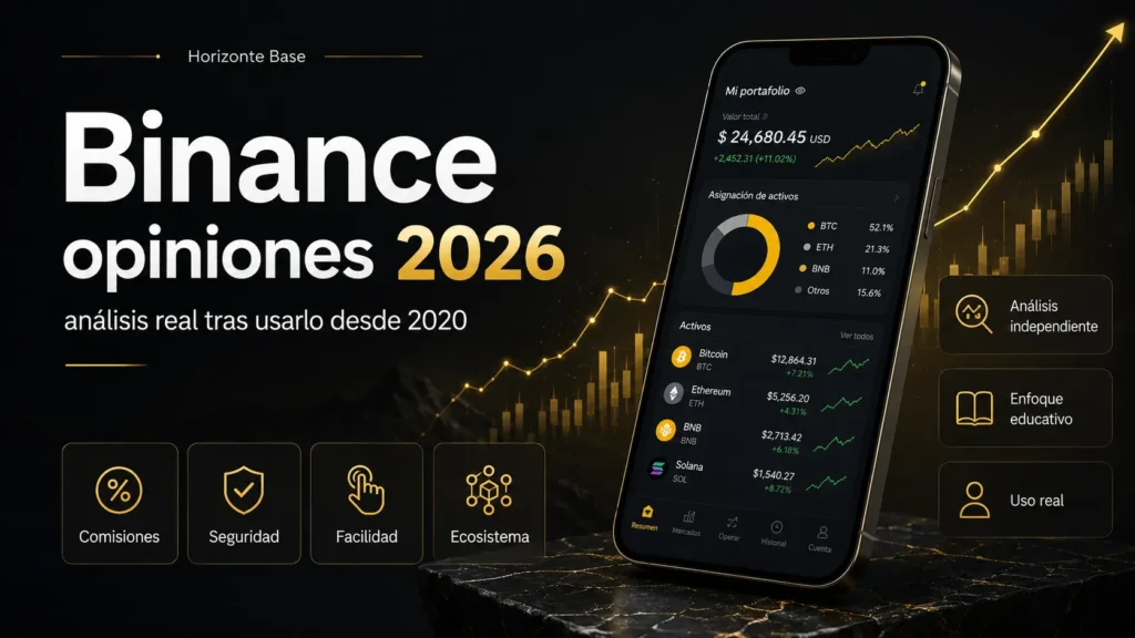Binance opiniones 2026: imagen destacada del análisis real de Horizonte Base sobre Binance, comisiones, app, seguridad y experiencia de uso.