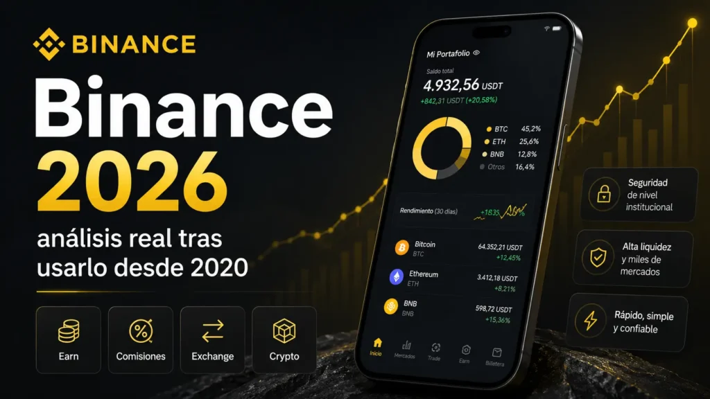Binance opiniones 2026: imagen destacada del análisis real de Horizonte Base sobre Binance, comisiones, app, seguridad y experiencia de uso.