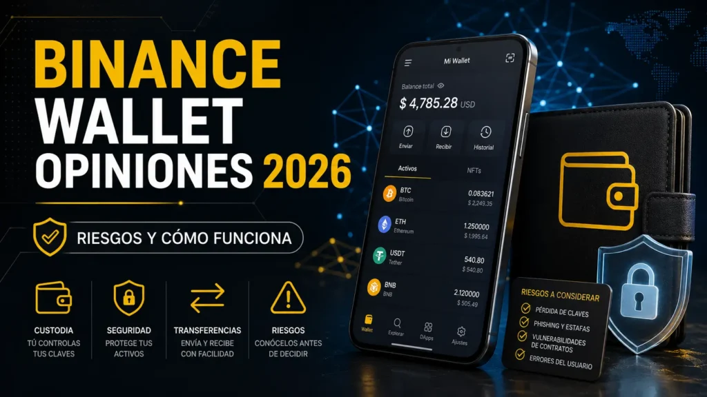 Imagen destacada del análisis Binance Wallet opiniones 2026 con riesgos, seguridad, custodia y funcionamiento de la wallet