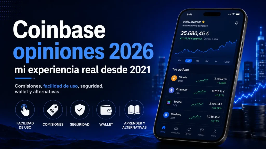 Imagen destacada del análisis Coinbase opiniones 2026 con experiencia real, comisiones, staking, seguridad, wallets y alternativas.
