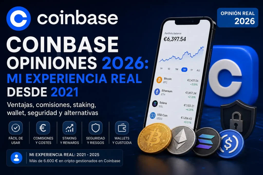 Imagen destacada del análisis Coinbase opiniones 2026 con experiencia real, comisiones, staking, seguridad, wallets y alternativas.