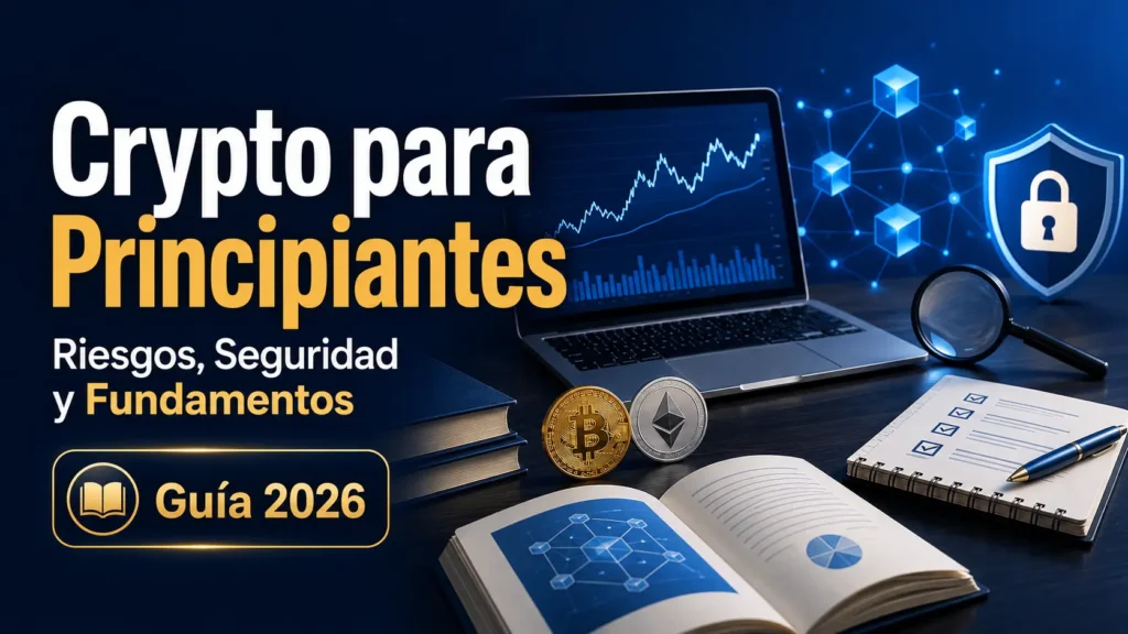 Imagen educativa sobre criptomonedas para principiantes con gráficos, monedas digitales, blockchain, seguridad y análisis de riesgos.