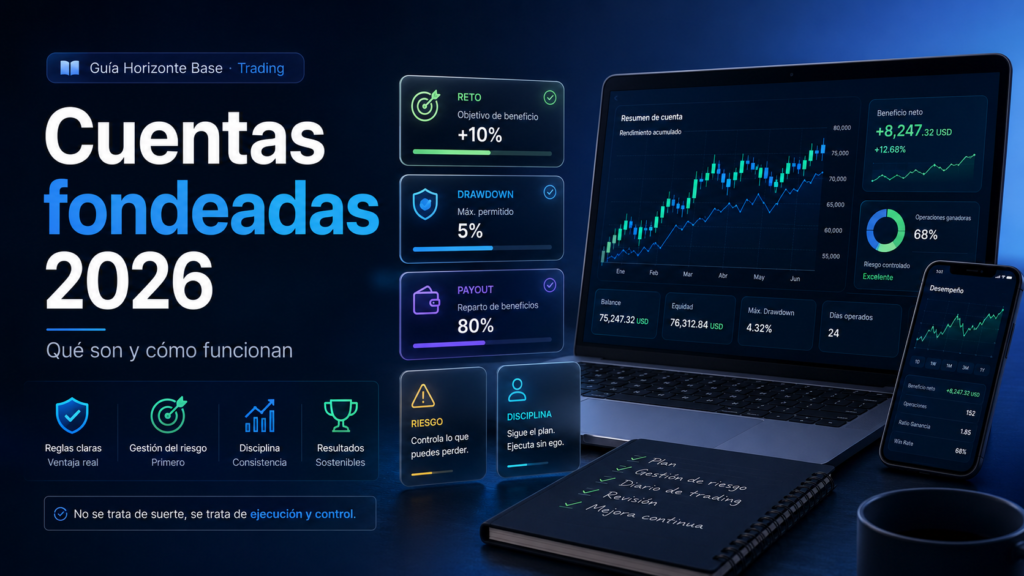 Imagen destacada de la guía sobre cuentas fondeadas 2026, con gráficos de trading, métricas de riesgo, drawdown y payout.