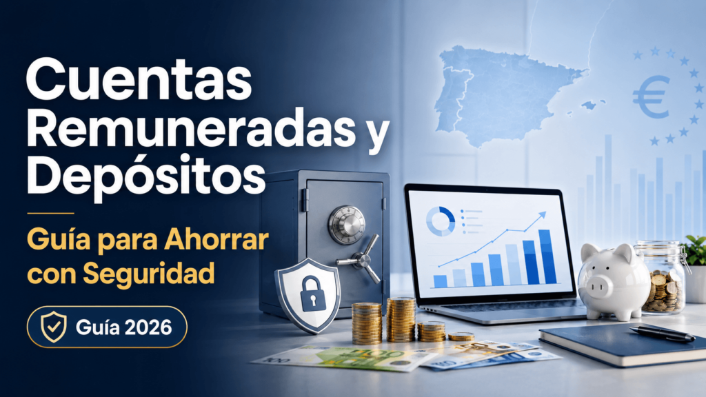 Imagen sobre cuentas remuneradas y depósitos con hucha, monedas, caja fuerte y gráfico de rentabilidad
