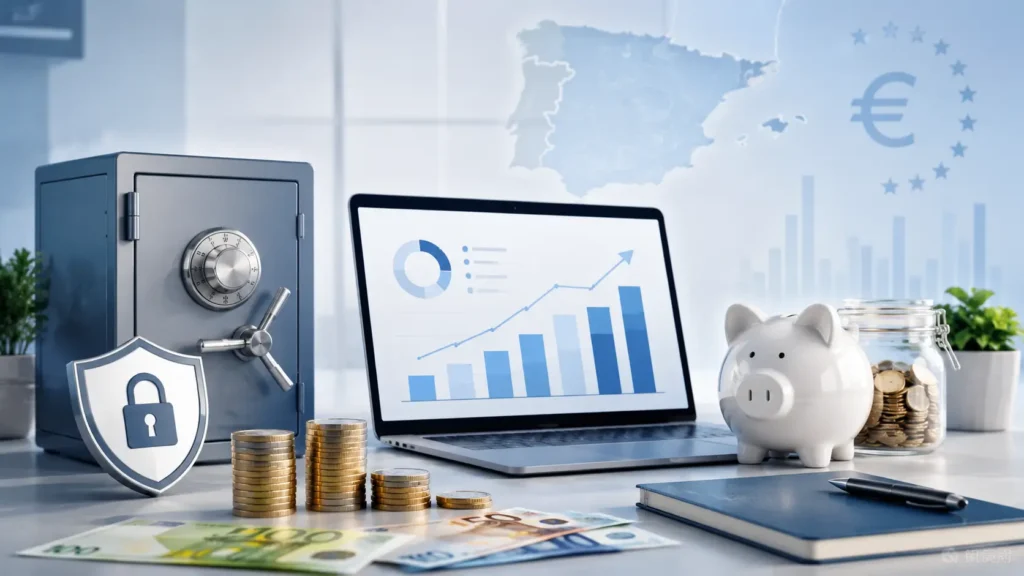 Imagen sobre cuentas remuneradas y depósitos con hucha, monedas, caja fuerte y gráfico de rentabilidad