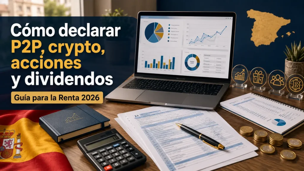 Imagen destacada de una guía sobre cómo declarar P2P, crypto, acciones y dividendos en la Renta 2026 en España