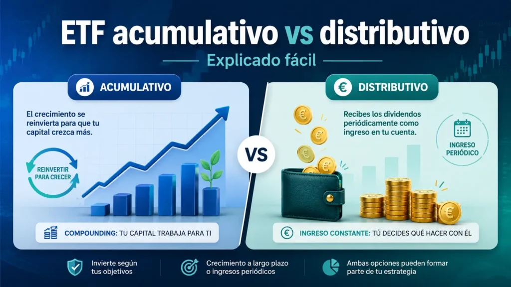 Comparativa visual entre ETF acumulativo y ETF distributivo con gráfico de crecimiento, reinversión de dividendos, monedas e ingresos periódicos