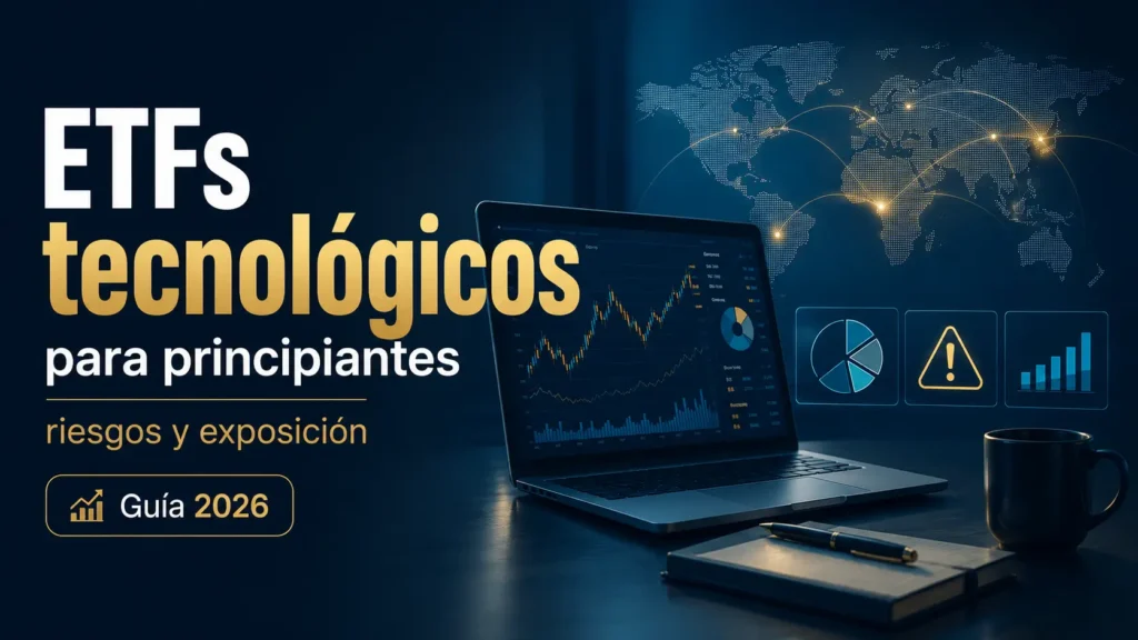 Portada sobre ETFs tecnológicos para principiantes con gráficos financieros, mapa mundial, diversificación, riesgo y exposición geográfica