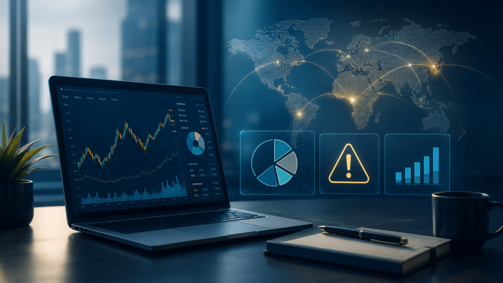 Portada sobre ETFs tecnológicos para principiantes con gráficos financieros, mapa mundial, diversificación, riesgo y exposición geográfica