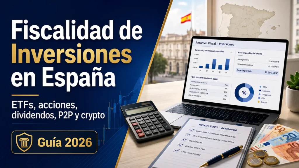 Ilustración financiera sobre fiscalidad de inversiones en España con gráficos, símbolo euro, mapa de España e iconos de inversión.