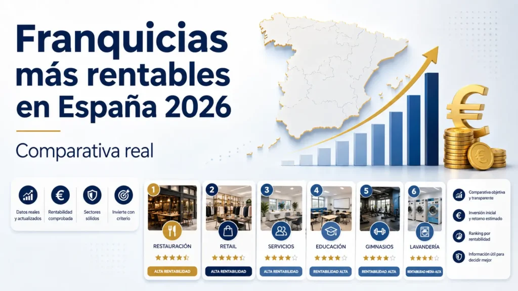 Imagen destacada del análisis sobre franquicias más rentables en España 2026, con mapa de España, gráfico de crecimiento, símbolo del euro y sectores de franquicia comparados.