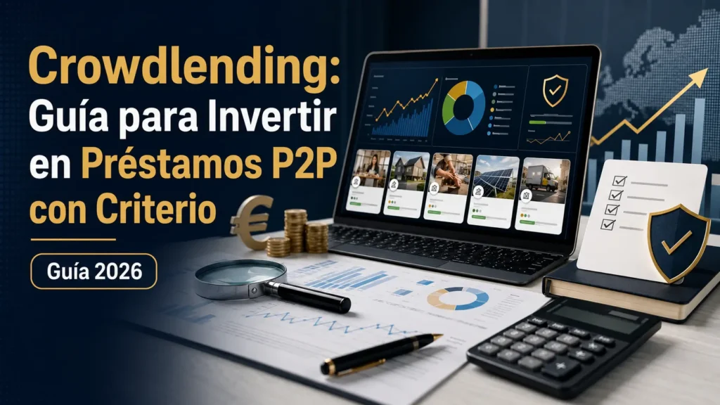 Imagen editorial sobre crowdlending y préstamos P2P con análisis financiero, gráficos, préstamos, riesgo y diversificación.