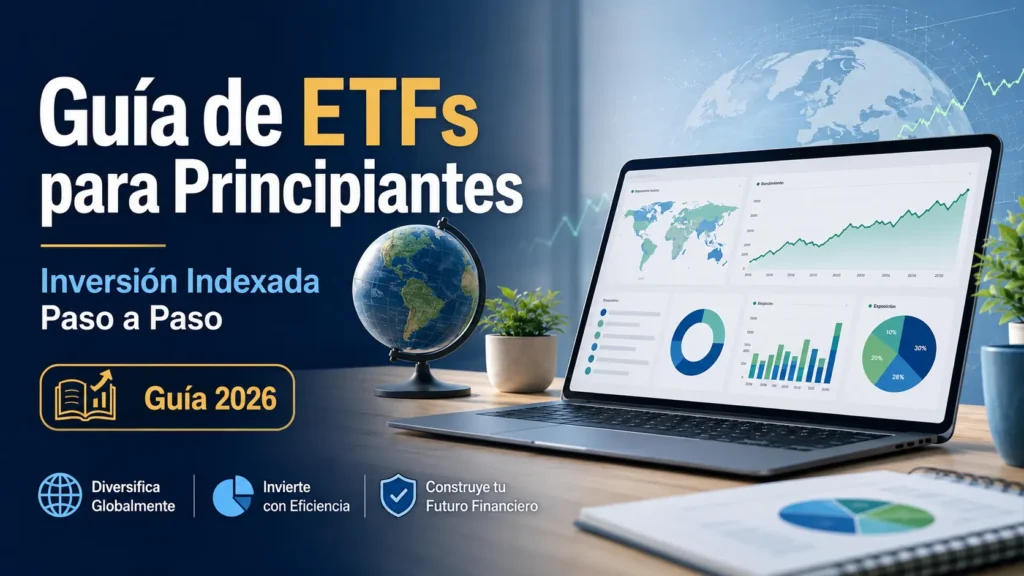 Imagen editorial sobre inversión indexada con ETFs, diversificación global, gráficos financieros y análisis de cartera.