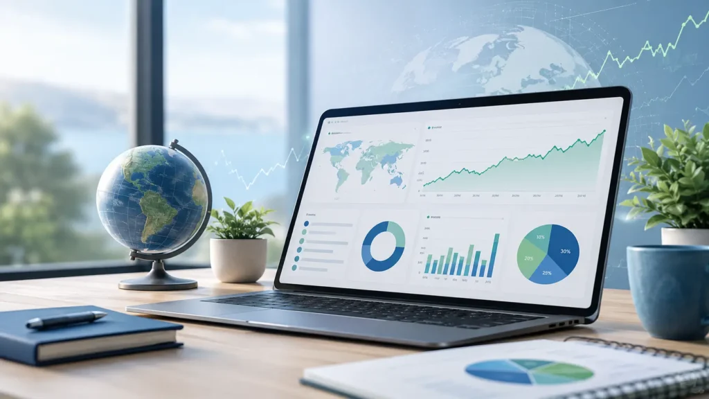 Imagen editorial sobre inversión indexada con ETFs, diversificación global, gráficos financieros y análisis de cartera.