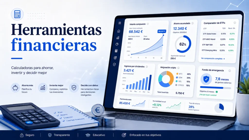 Herramientas financieras de Horizonte Base con calculadoras de ahorro, inversión, ETFs, dividendos y planificación financiera