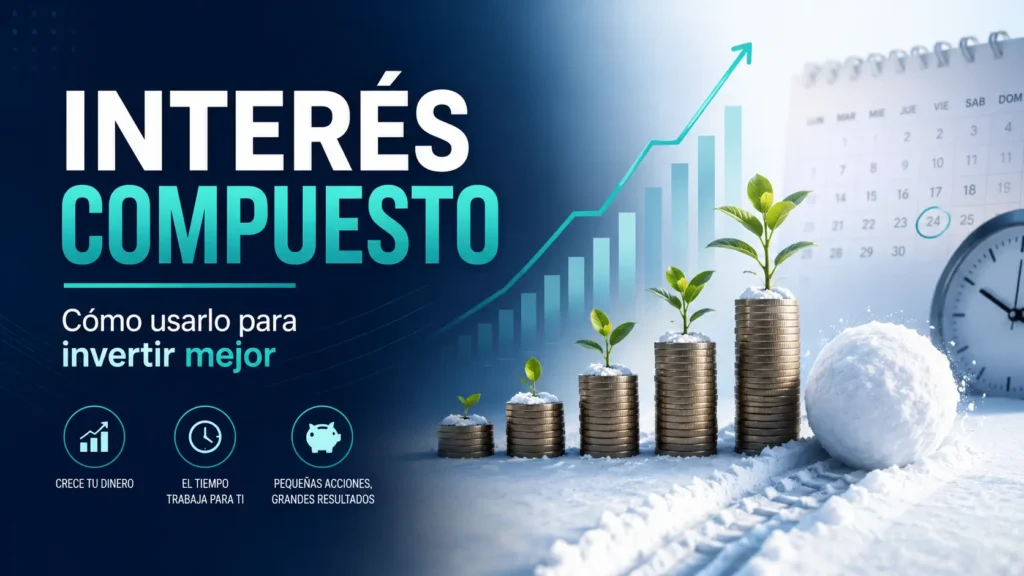 Imagen educativa sobre interés compuesto con gráfico de crecimiento, monedas apiladas y metáfora de bola de nieve para invertir mejor a largo plazo