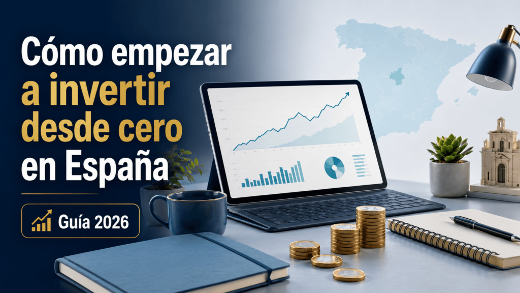 Mesa de trabajo con gráficos financieros, monedas, mapa de España y material de planificación para una guía sobre empezar a invertir desde cero