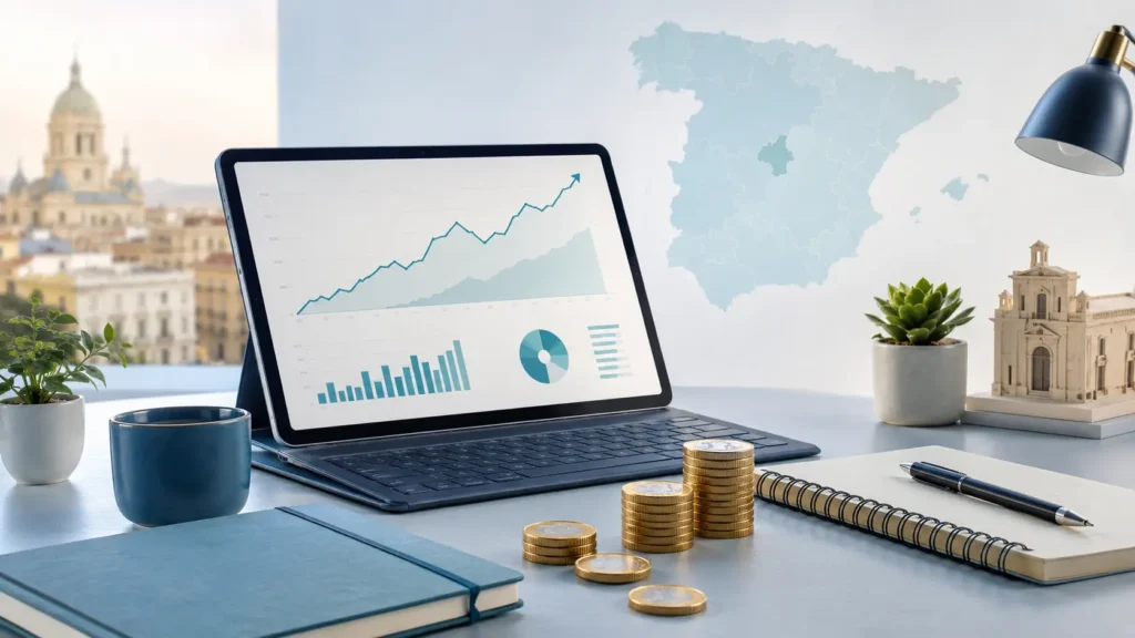 Mesa de trabajo con gráficos financieros, monedas, mapa de España y material de planificación para una guía sobre empezar a invertir desde cero