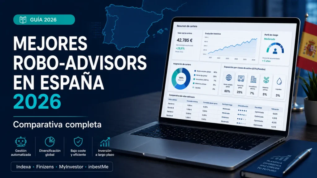 Imagen destacada de la guía Mejores robo-advisors en España 2026 con comparativa de carteras automatizadas, costes y perfiles de riesgo