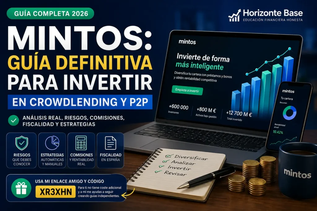 Imagen destacada de una guía sobre Mintos, crowdlending y préstamos P2P, con gráficos financieros, portátil y elementos de inversión