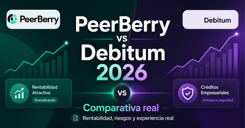 Imagen destacada del análisis PeerBerry vs Debitum 2026 con comparativa real de rentabilidad, riesgos y experiencia personal