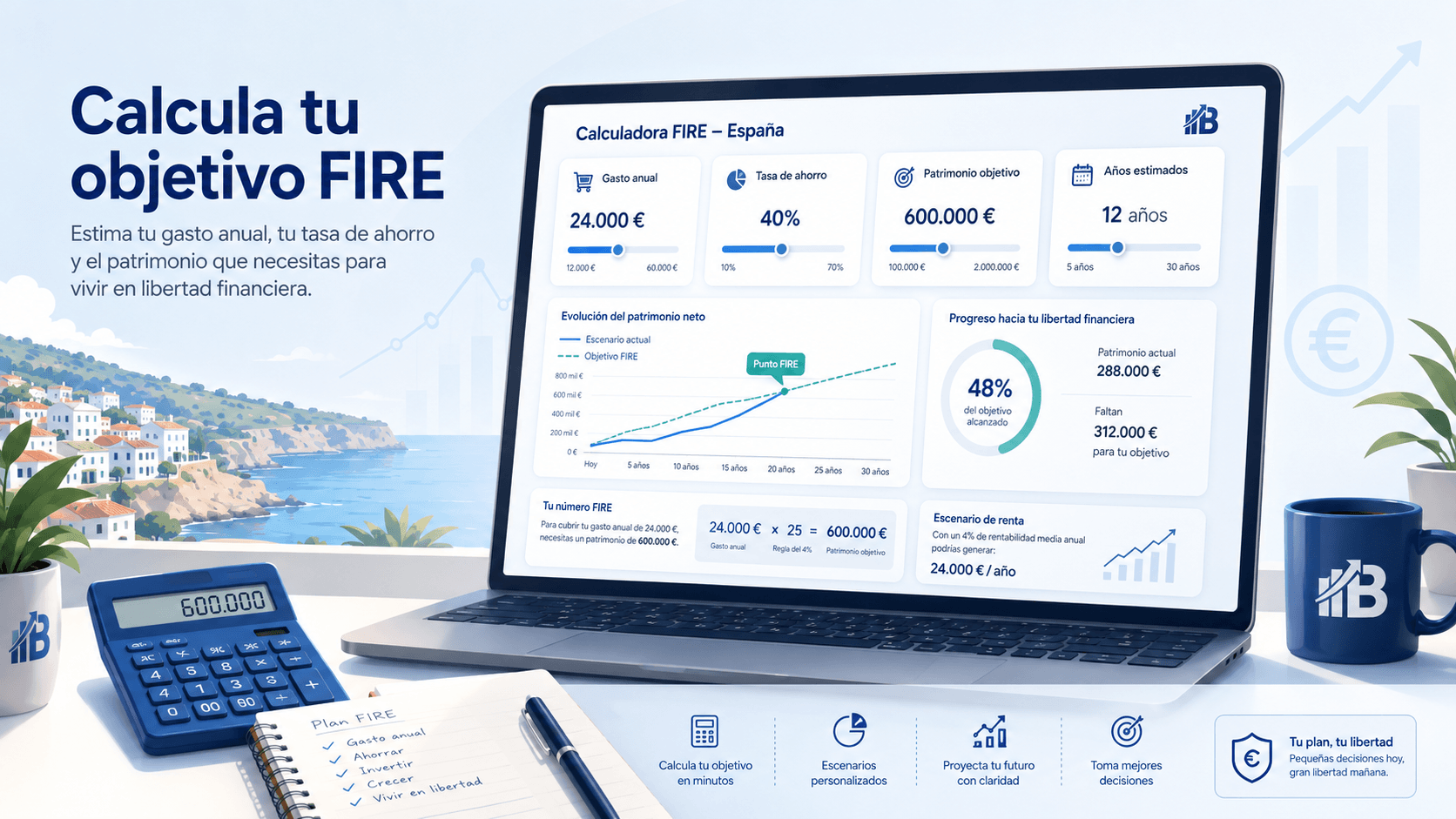 Calculadora FIRE para estimar capital objetivo años y tasa de ahorro