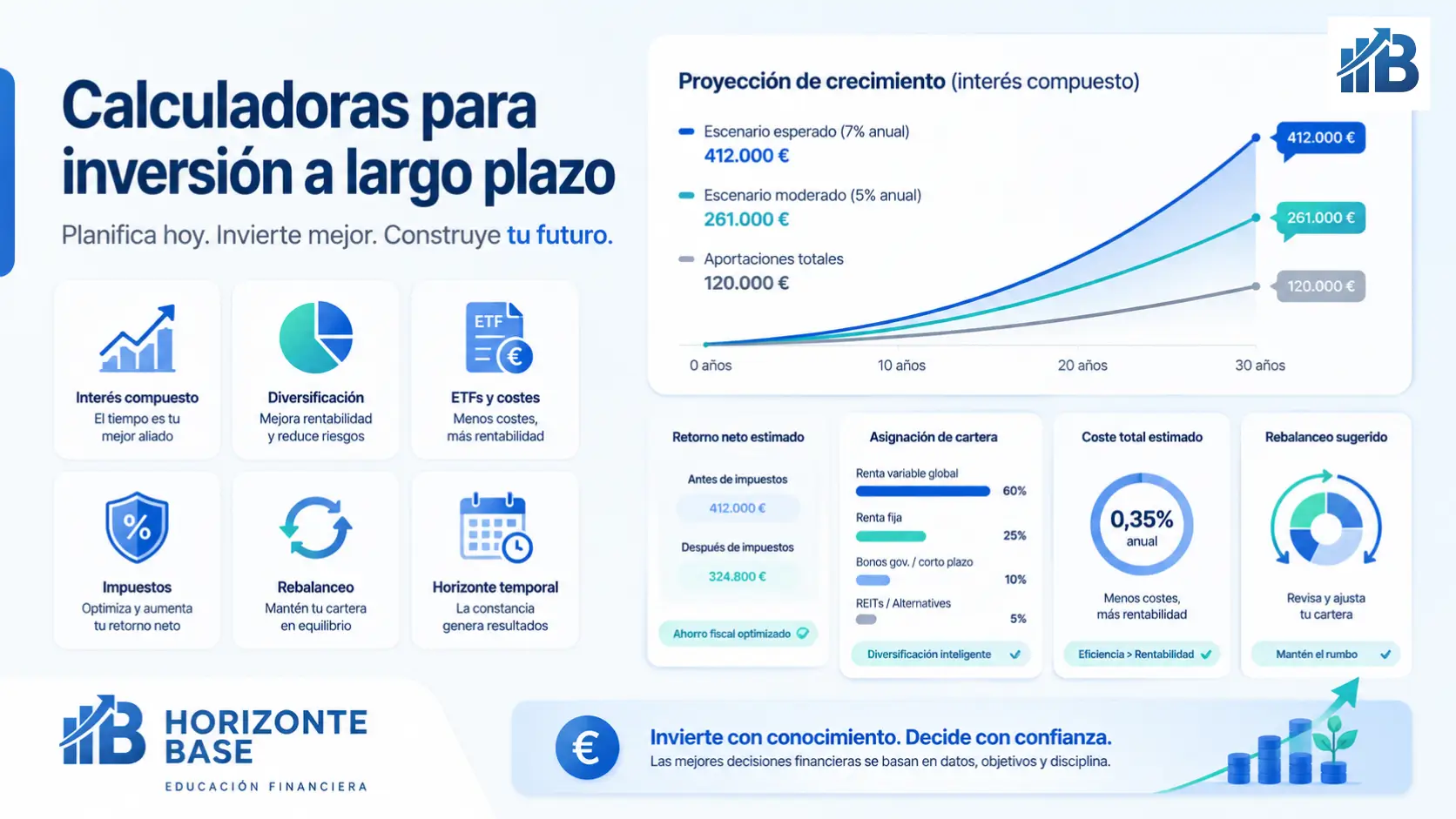 Calculadoras para inversión a largo plazo interés compuesto rentabilidad neta costes de ETFs y rebalanceo