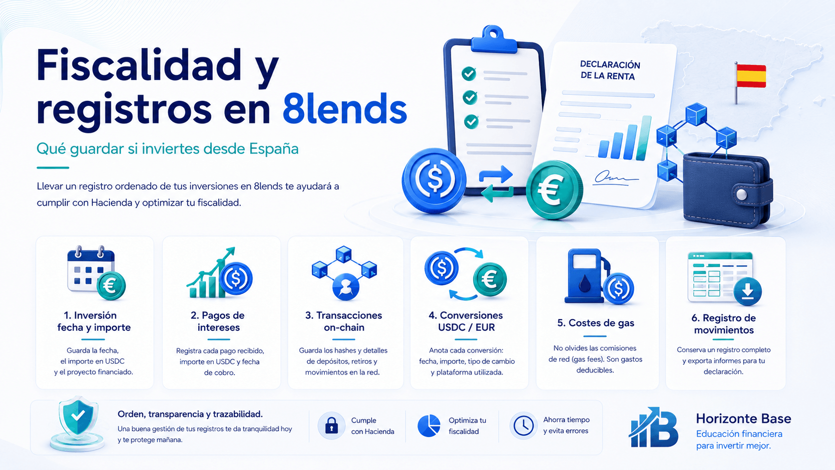 Fiscalidad y registros de 8lends con intereses USDC transacciones on-chain conversiones euros y documentación