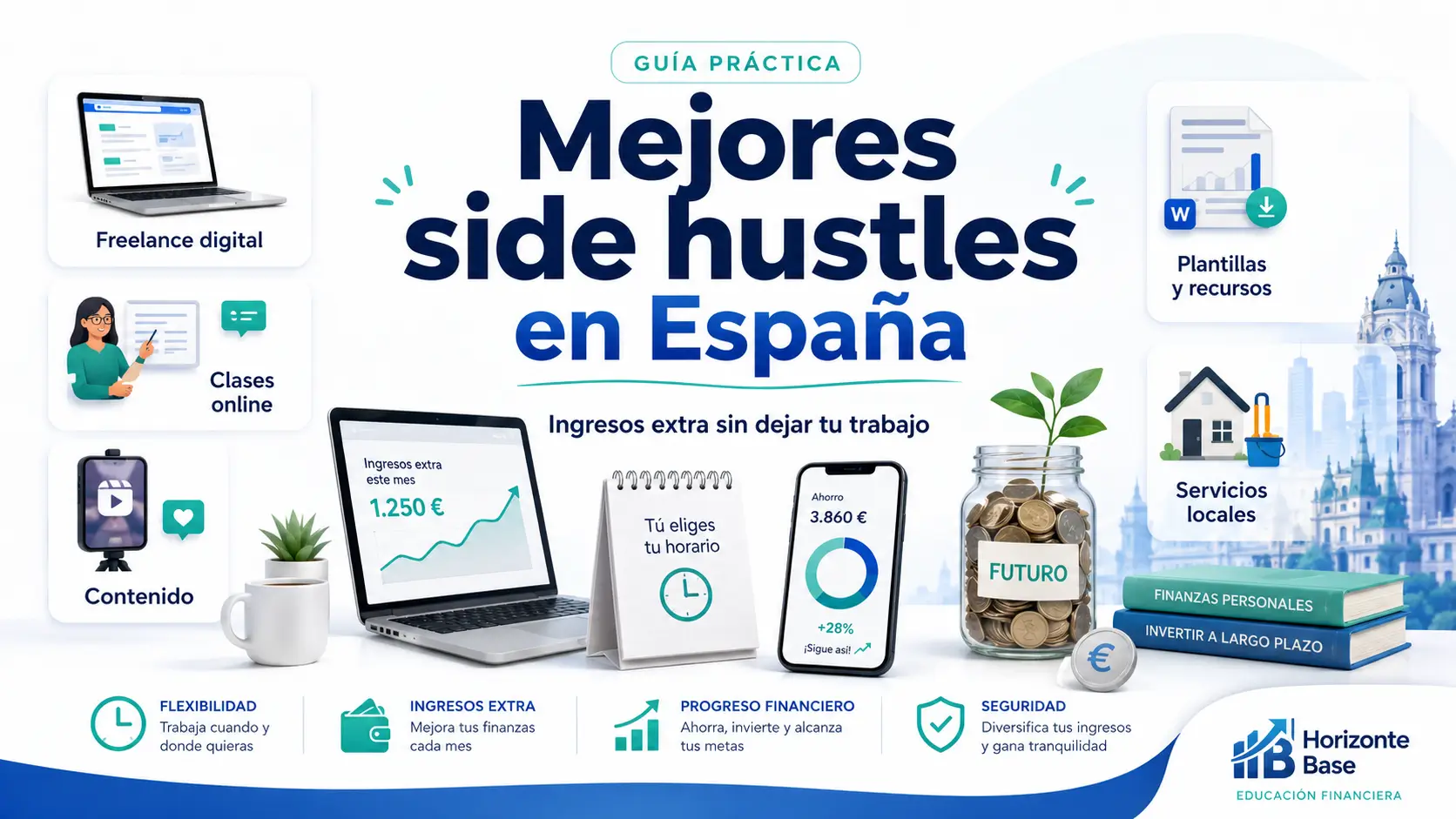 Panorama de side hustles en España con ingresos extra trabajo principal ahorro inversión y negocios digitales