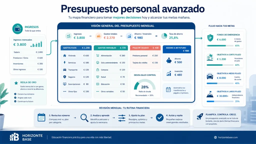 Presupuesto personal avanzado con ingresos gastos ahorro inversión deuda fondo de emergencia y objetivos financieros
