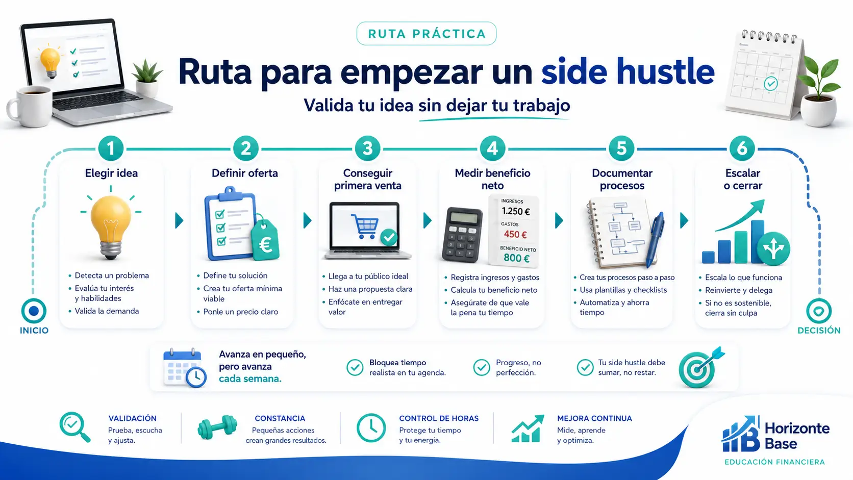Ruta para empezar un side hustle en España validando demanda oferta ingresos netos y fiscalidad